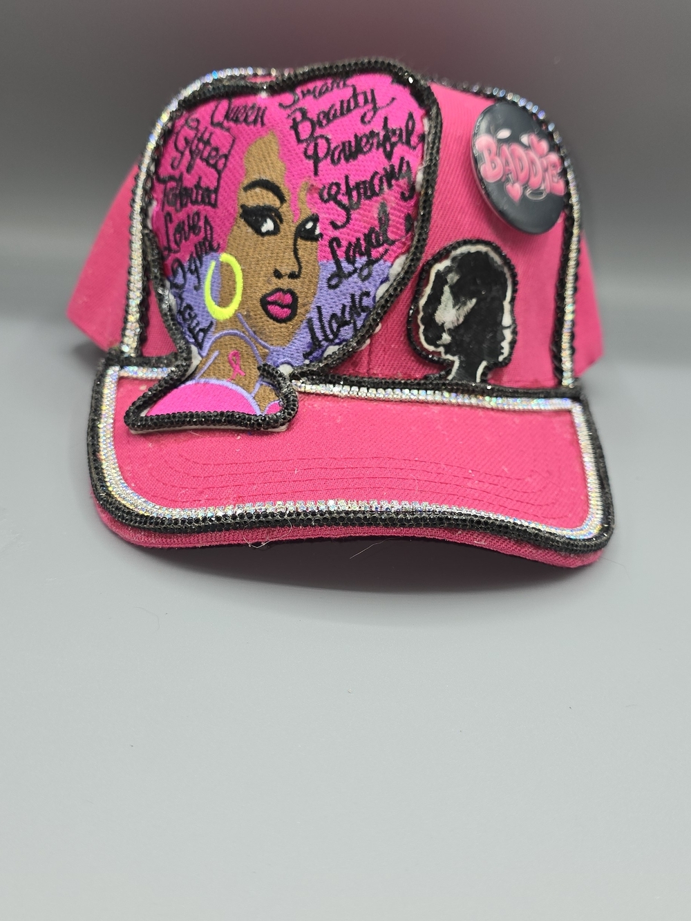 Women's Hot Pink Embroidered Trucker Cap with Decorative Patch